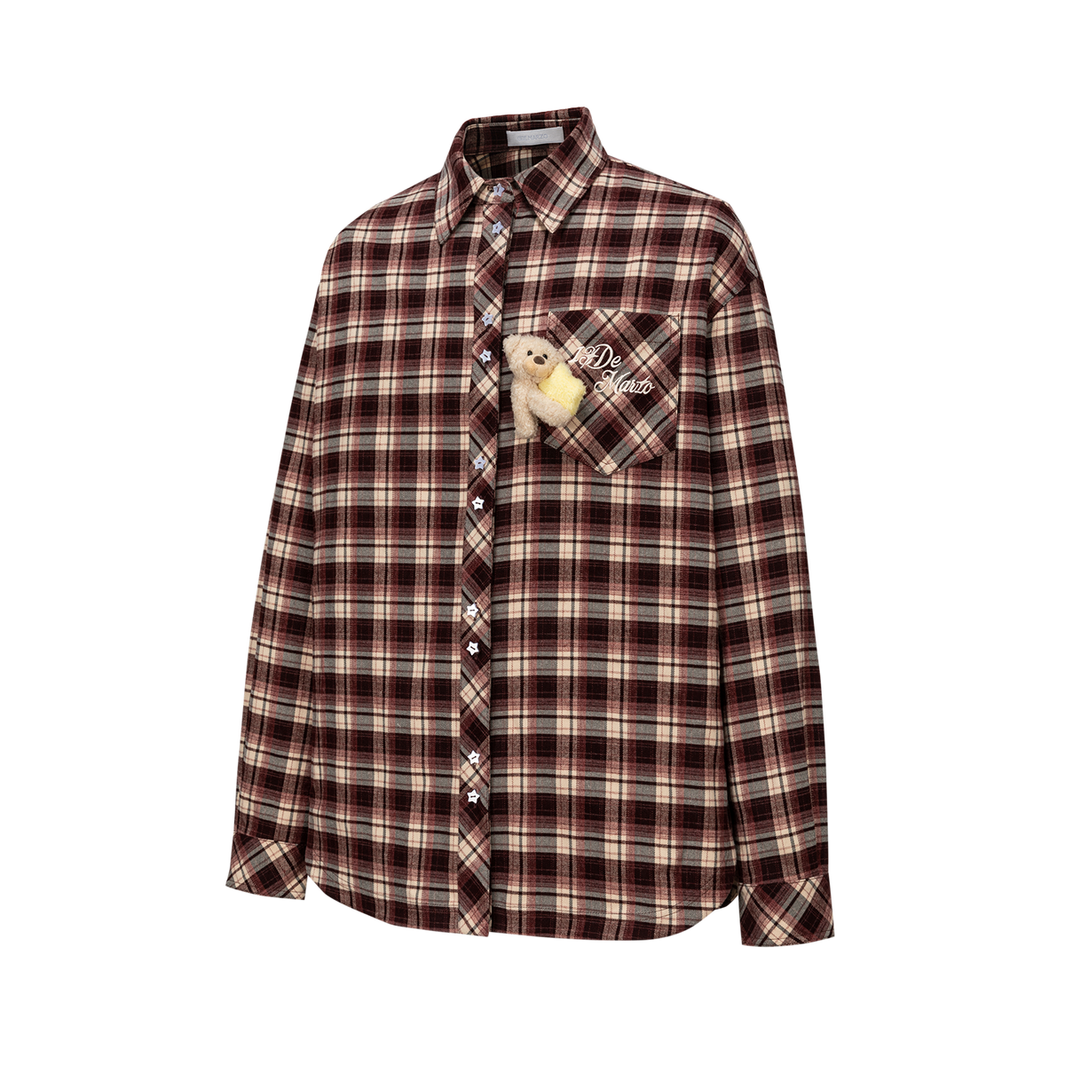 13DE MARZO Luminous Bear Long Sleeve Plaid Shirt Red