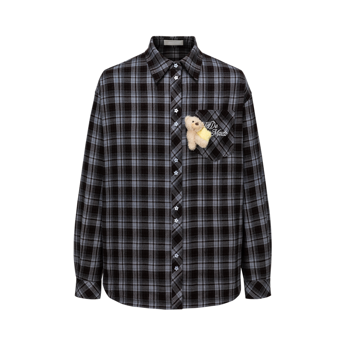 13DE MARZO Luminous Bear Long Sleeve Plaid Shirt Blue