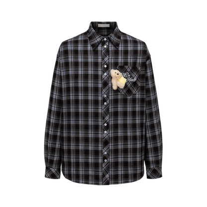 13DE MARZO Luminous Bear Long Sleeve Plaid Shirt Blue
