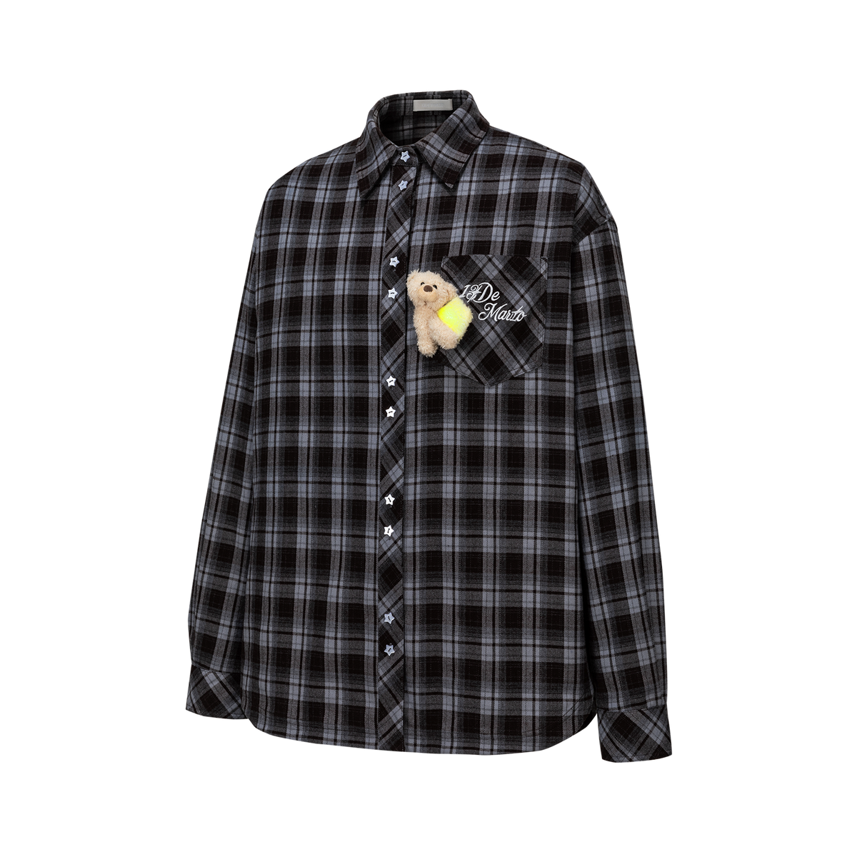 13DE MARZO Luminous Bear Long Sleeve Plaid Shirt Blue
