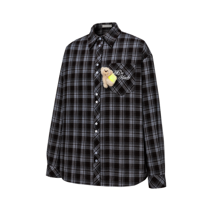 13DE MARZO Luminous Bear Long Sleeve Plaid Shirt Blue