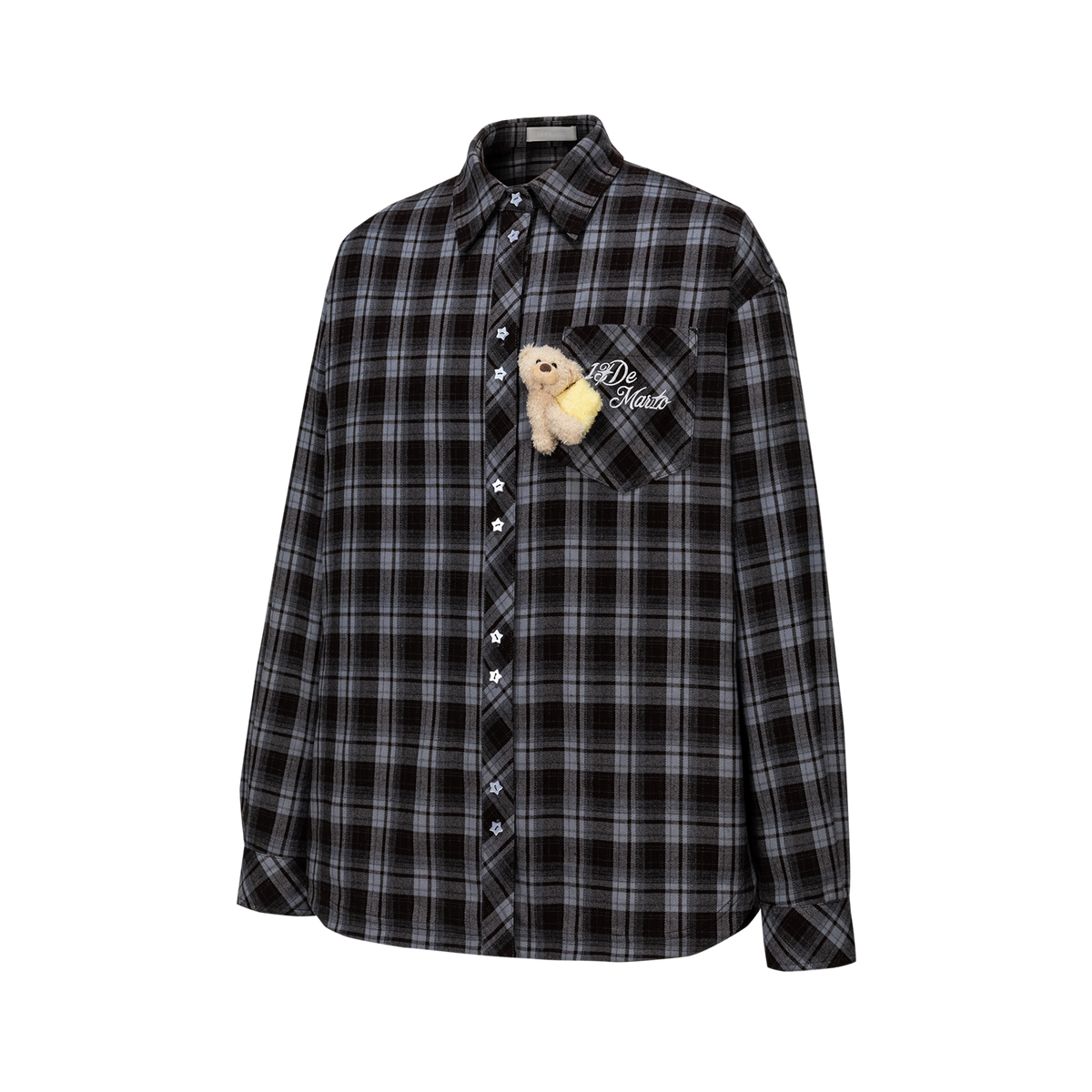 13DE MARZO Luminous Bear Long Sleeve Plaid Shirt Blue