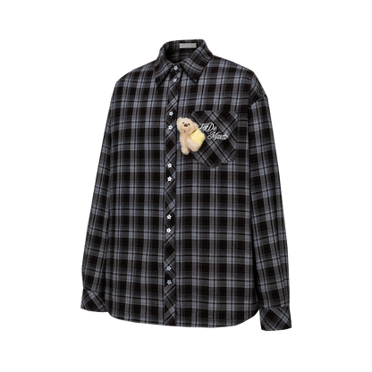 13DE MARZO Luminous Bear Long Sleeve Plaid Shirt Blue