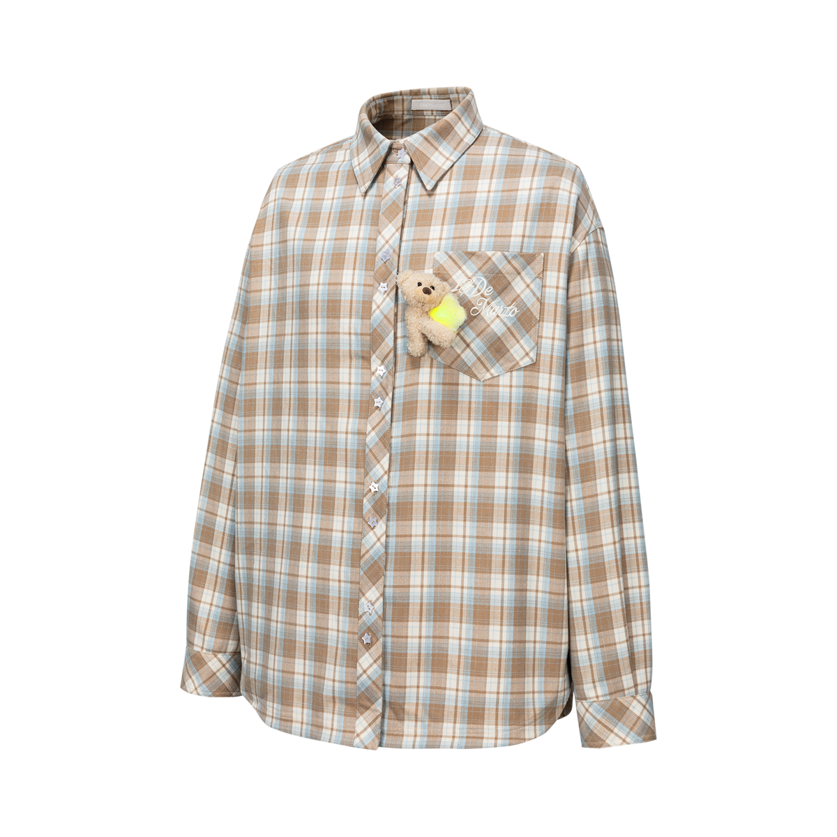 13DE MARZO Luminous Bear Long Sleeve Plaid Shirt Khaki