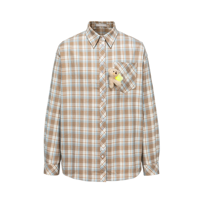 13DE MARZO Luminous Bear Long Sleeve Plaid Shirt Khaki