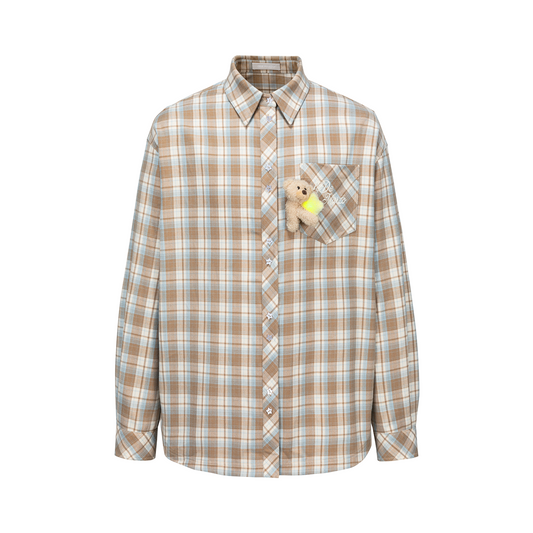 13DE MARZO Luminous Bear Long Sleeve Plaid Shirt Khaki
