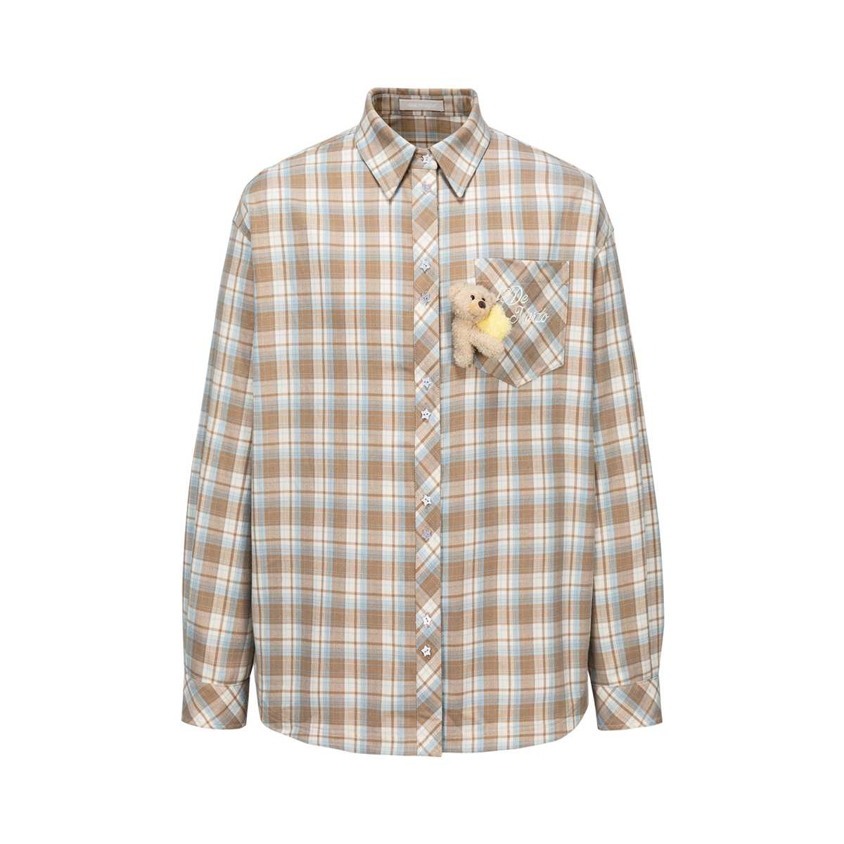 13DE MARZO Luminous Bear Long Sleeve Plaid Shirt Khaki