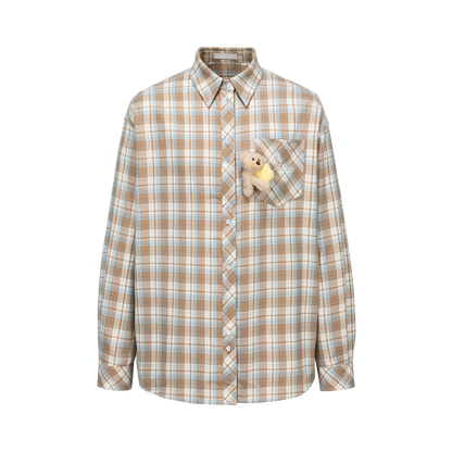 13DE MARZO Luminous Bear Long Sleeve Plaid Shirt Khaki