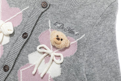 13DE MARZO Bow Bear Knit Cardigan Vest Grey