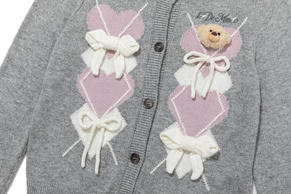 13DE MARZO Bow Bear Knit Cardigan Vest Grey