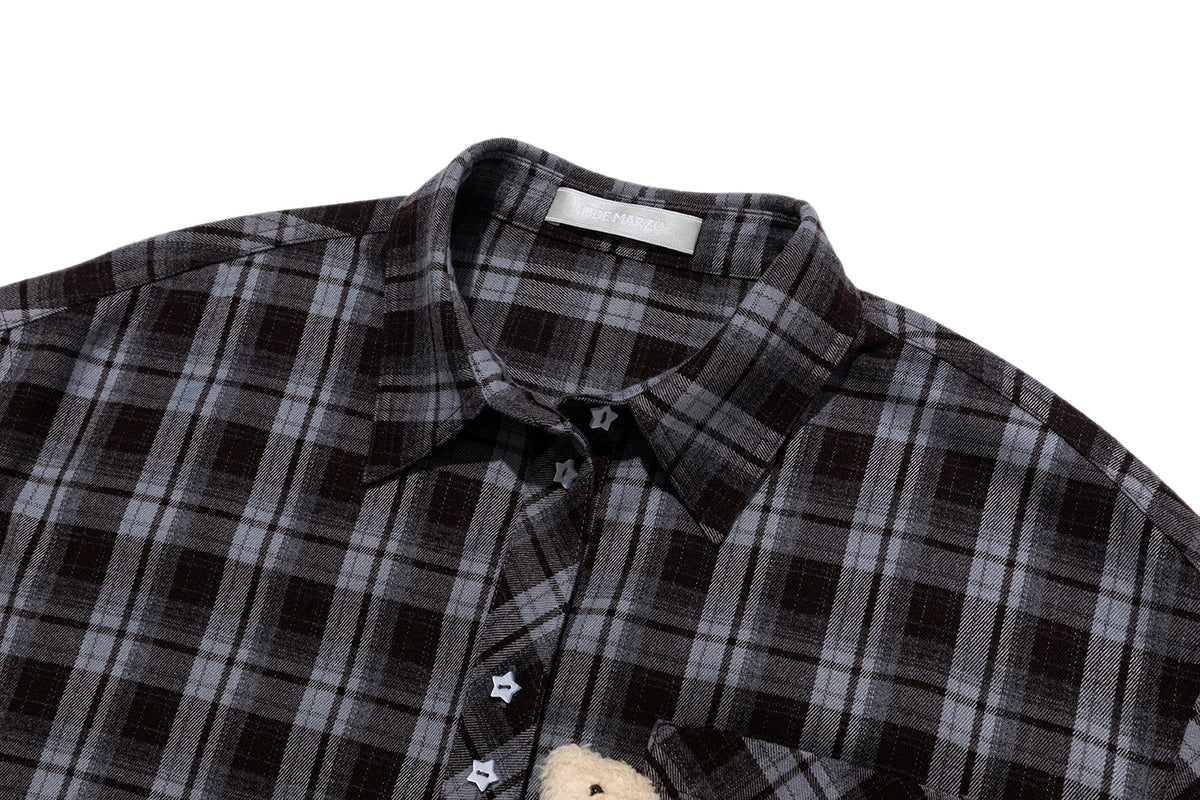 13DE MARZO Luminous Bear Long Sleeve Plaid Shirt Blue