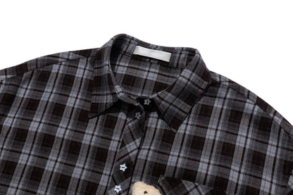 13DE MARZO Luminous Bear Long Sleeve Plaid Shirt Blue