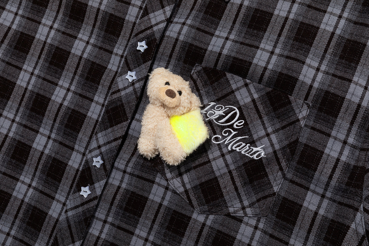 13DE MARZO Luminous Bear Long Sleeve Plaid Shirt Blue