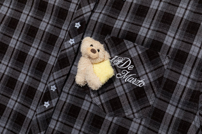 13DE MARZO Luminous Bear Long Sleeve Plaid Shirt Blue