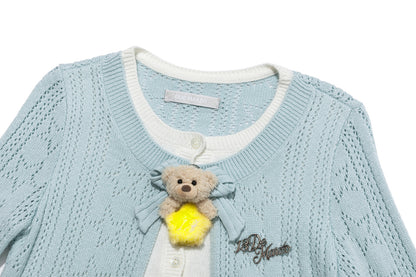 13DE MARZO Luminous Bear Layered Knit Cardigan Blue