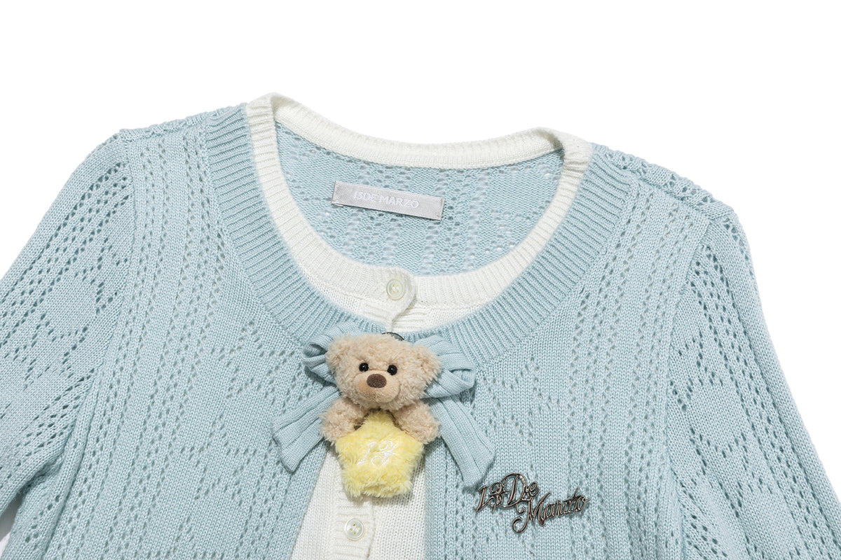 13DE MARZO Luminous Bear Layered Knit Cardigan Blue