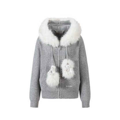 13DE MARZO Pom-pom Bear Fur Collar Knit Sweater Grey