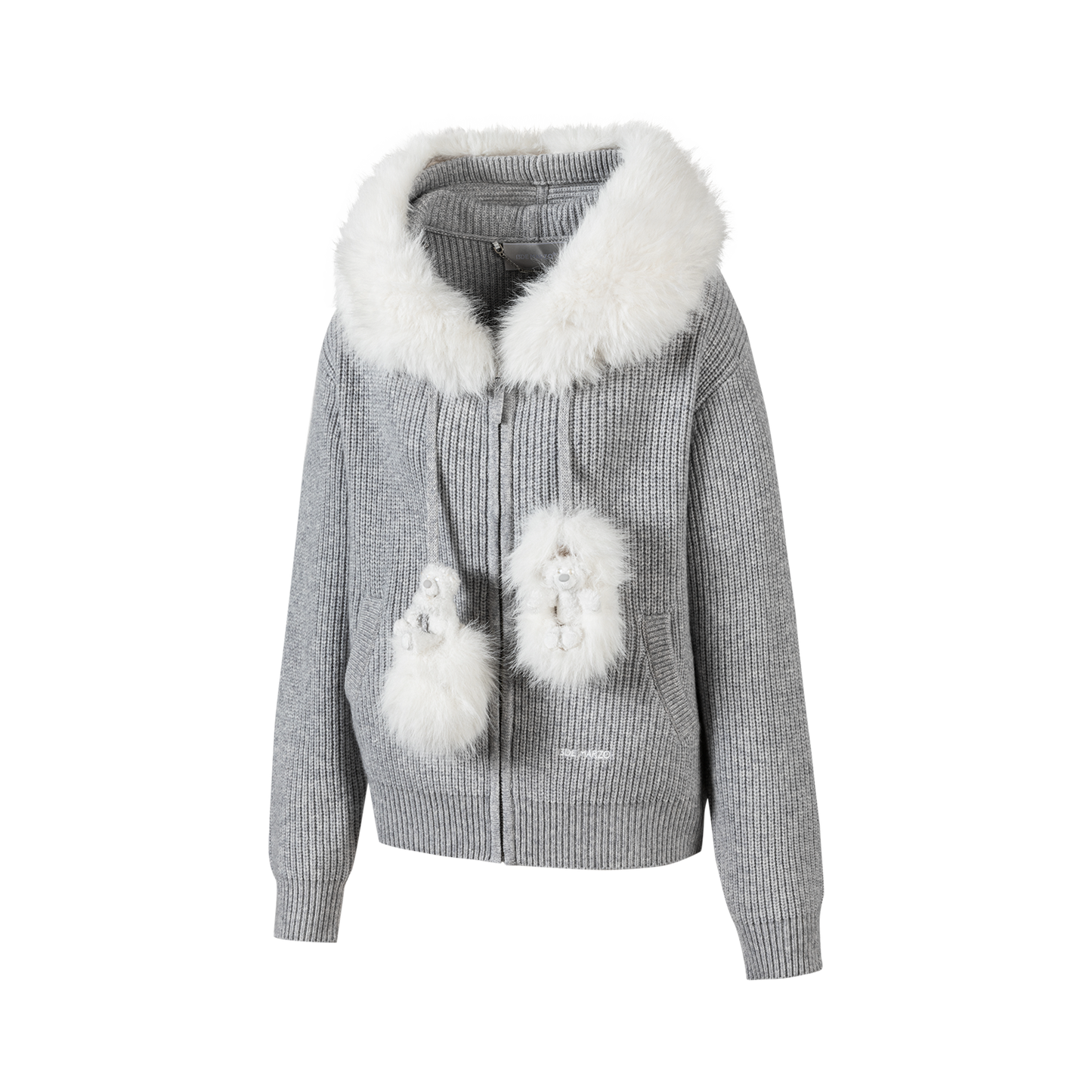 13DE MARZO Pom-pom Bear Fur Collar Knit Sweater Grey