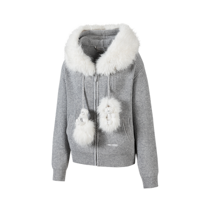 13DE MARZO Pom-pom Bear Fur Collar Knit Sweater Grey