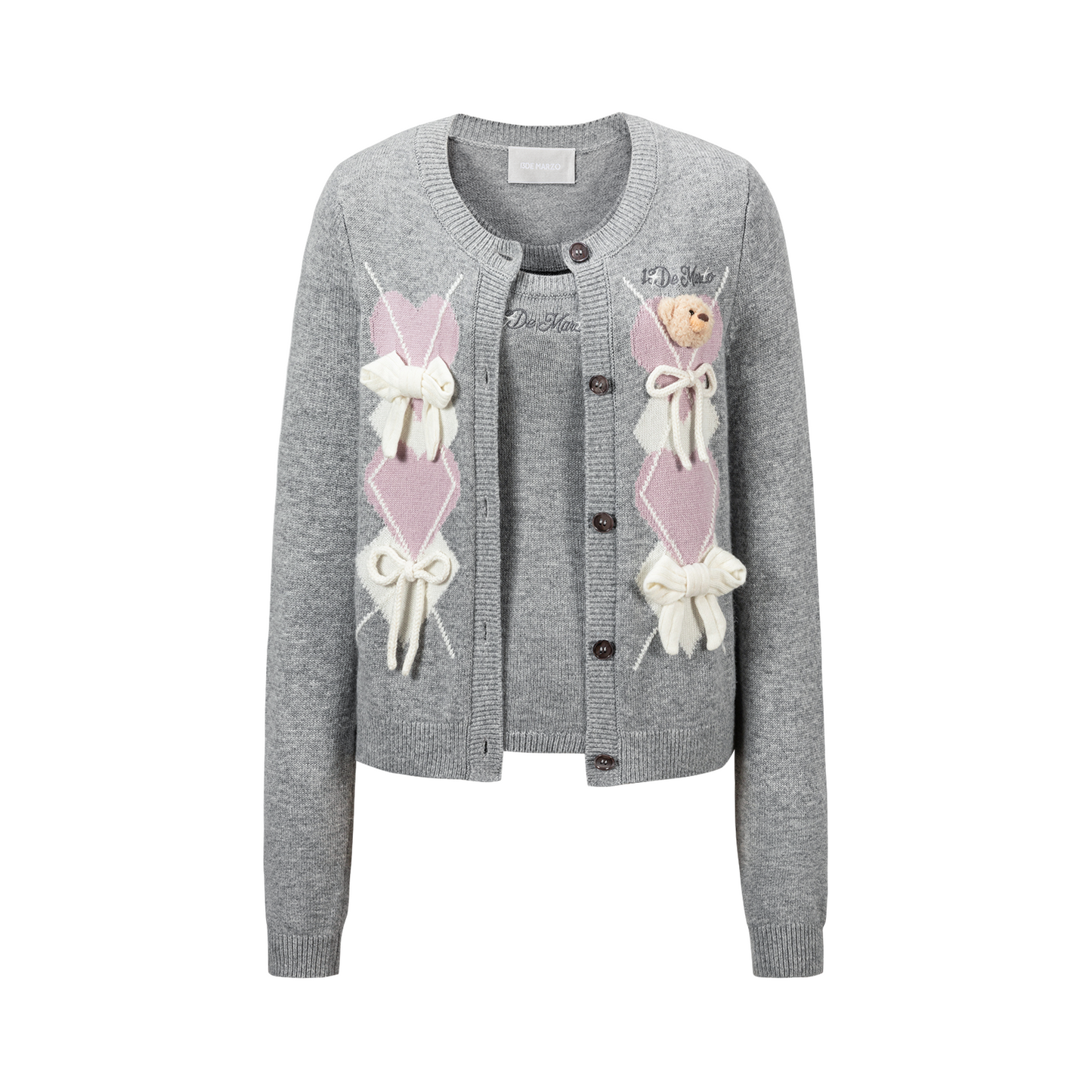 13DE MARZO Bow Bear Knit Cardigan Vest Grey