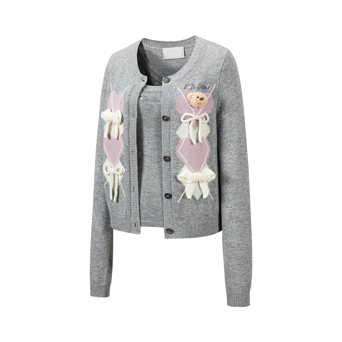 13DE MARZO Bow Bear Knit Cardigan Vest Grey