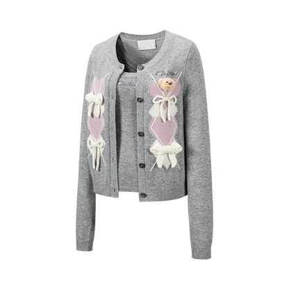 13DE MARZO Bow Bear Knit Cardigan Vest Grey