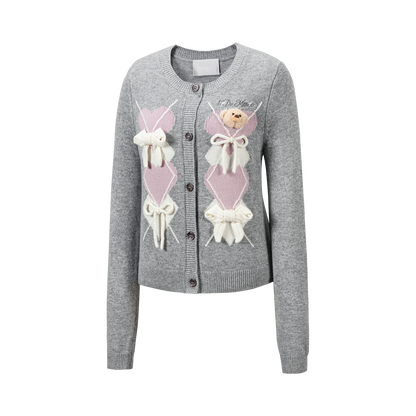 13DE MARZO Bow Bear Knit Cardigan Vest Grey