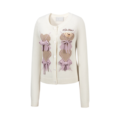 13DE MARZO Bow Bear Knit Cardigan Vest Beige