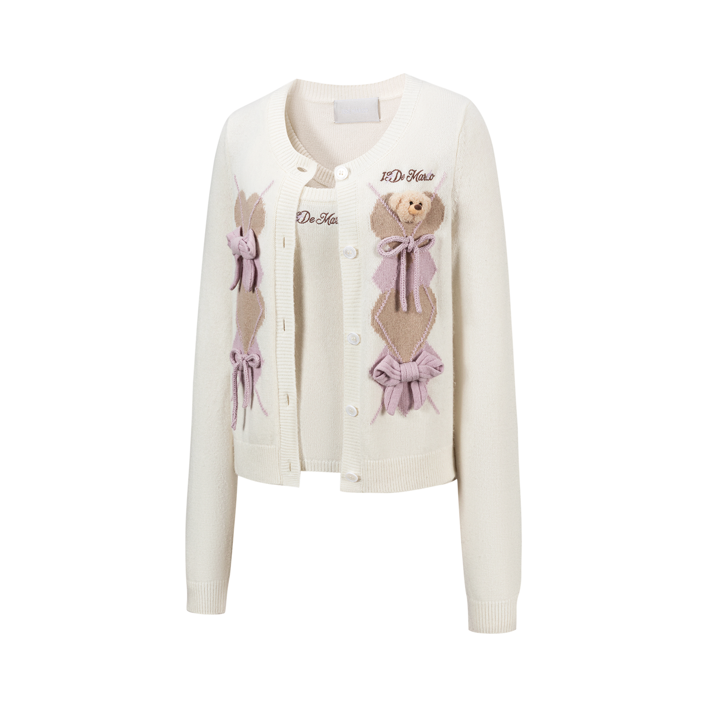 13DE MARZO Bow Bear Knit Cardigan Vest Beige