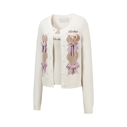 13DE MARZO Bow Bear Knit Cardigan Vest Beige