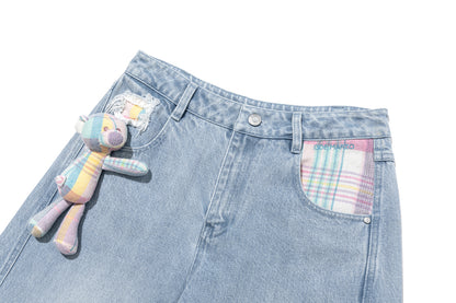 13DE MARZO Irregular Plaid Ripped Jeans Blue