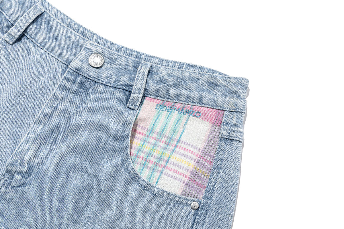 13DE MARZO Irregular Plaid Ripped Jeans Blue