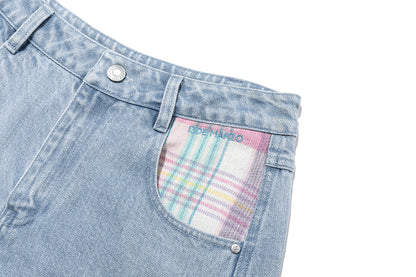 13DE MARZO Irregular Plaid Ripped Jeans Blue
