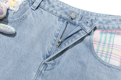 13DE MARZO Irregular Plaid Ripped Jeans Blue