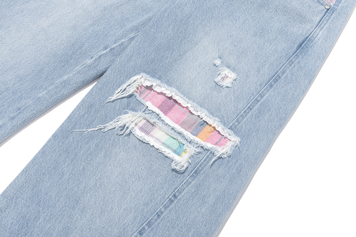13DE MARZO Irregular Plaid Ripped Jeans Blue