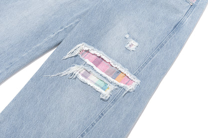 13DE MARZO Irregular Plaid Ripped Jeans Blue