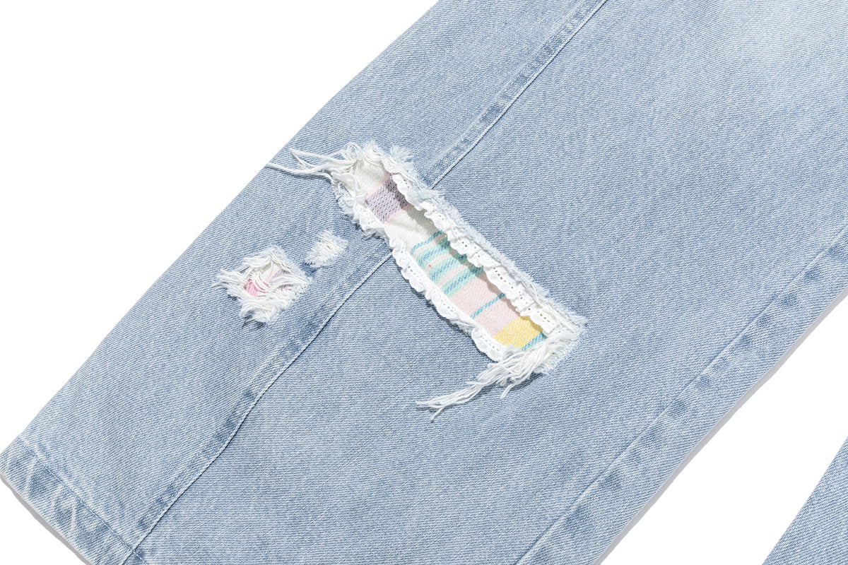 13DE MARZO Irregular Plaid Ripped Jeans Blue