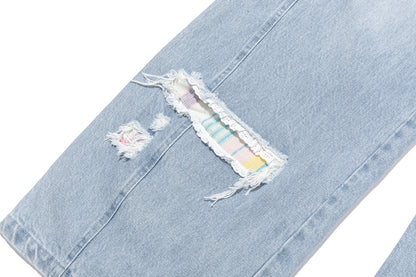 13DE MARZO Irregular Plaid Ripped Jeans Blue