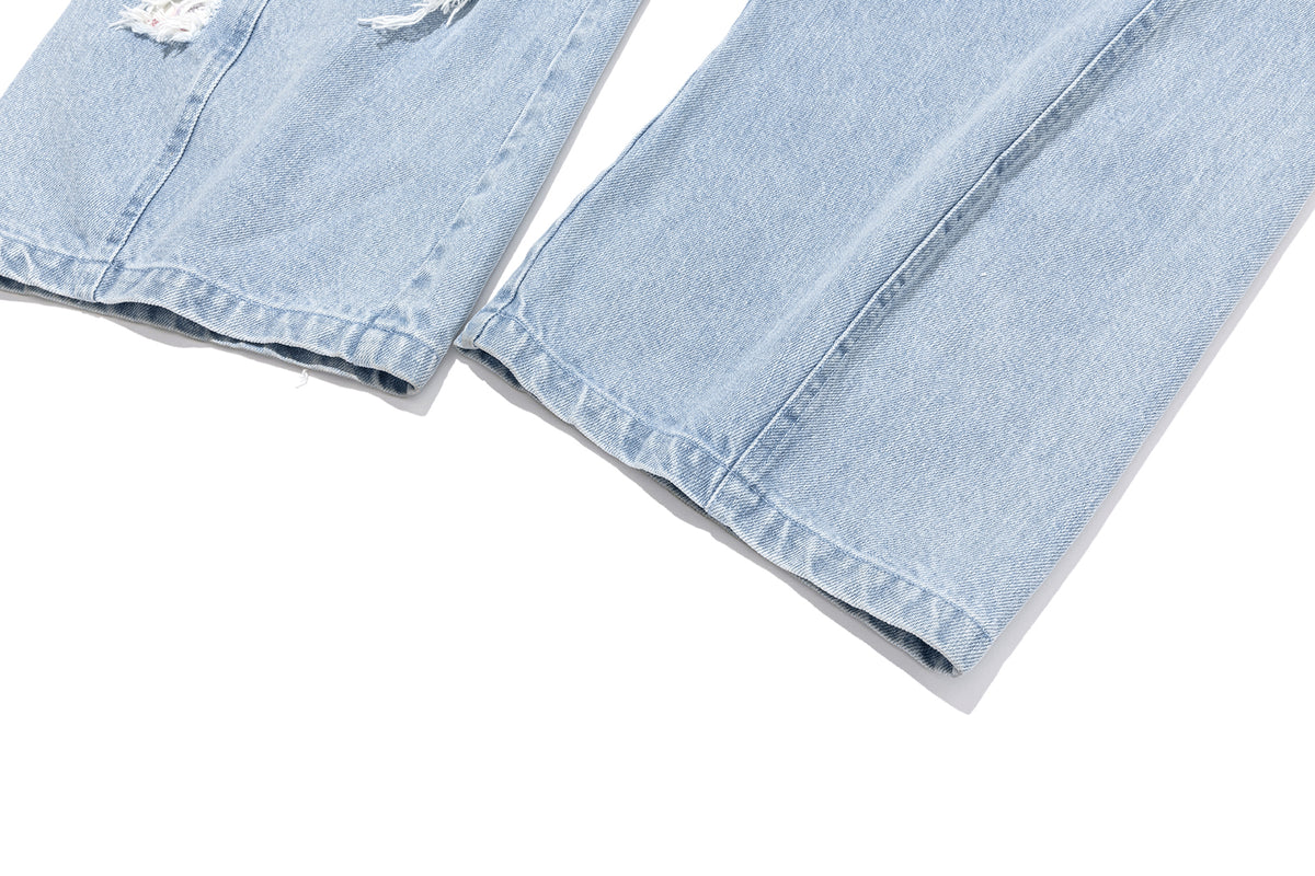 13DE MARZO Irregular Plaid Ripped Jeans Blue