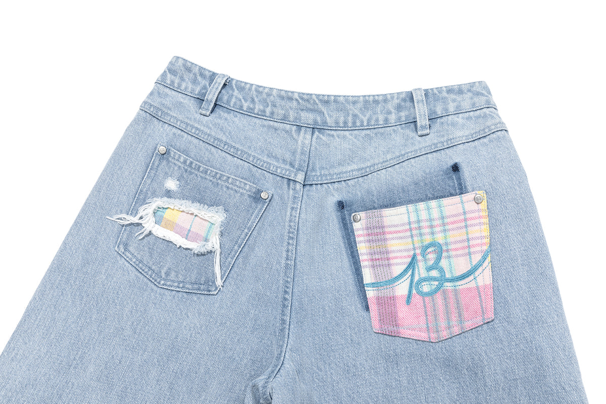 13DE MARZO Irregular Plaid Ripped Jeans Blue