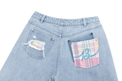 13DE MARZO Irregular Plaid Ripped Jeans Blue