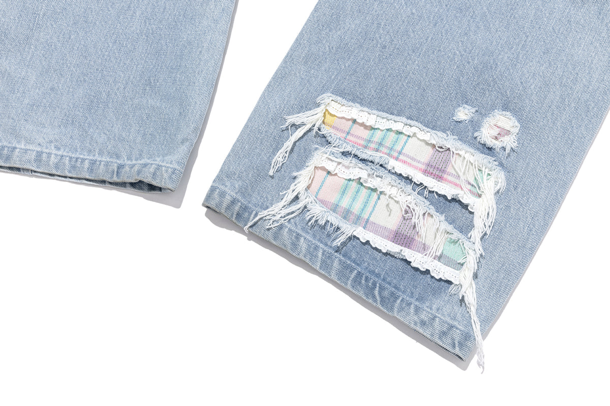 13DE MARZO Irregular Plaid Ripped Jeans Blue