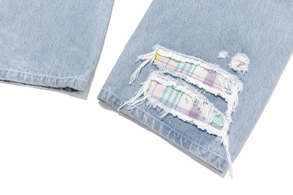 13DE MARZO Irregular Plaid Ripped Jeans Blue