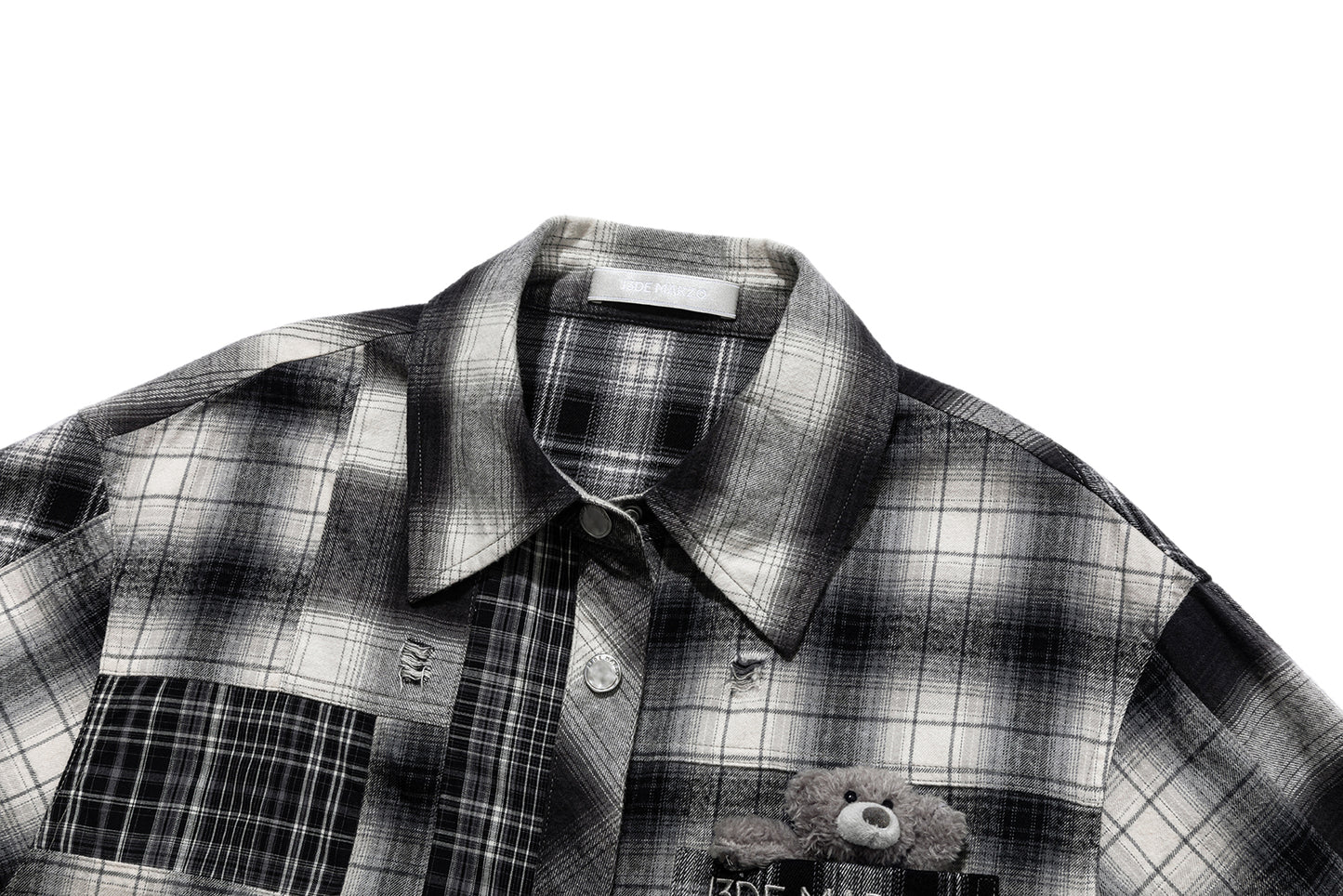 13DE MARZO Patchwork Plaid Distressed Shirt