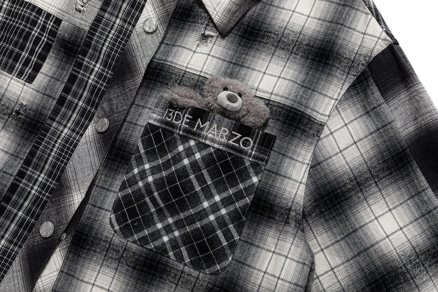 13DE MARZO Patchwork Plaid Distressed Shirt