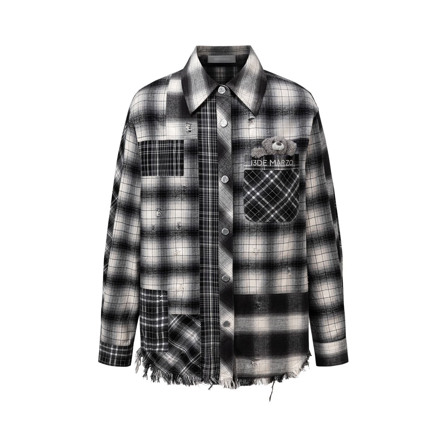 13DE MARZO Patchwork Plaid Distressed Shirt