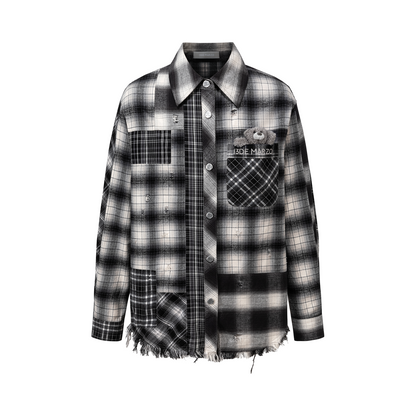 13DE MARZO Patchwork Plaid Distressed Shirt