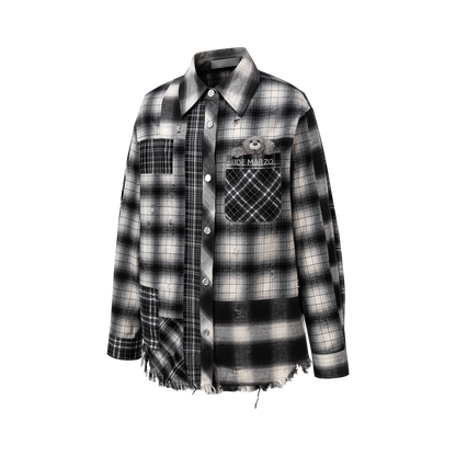 13DE MARZO Patchwork Plaid Distressed Shirt