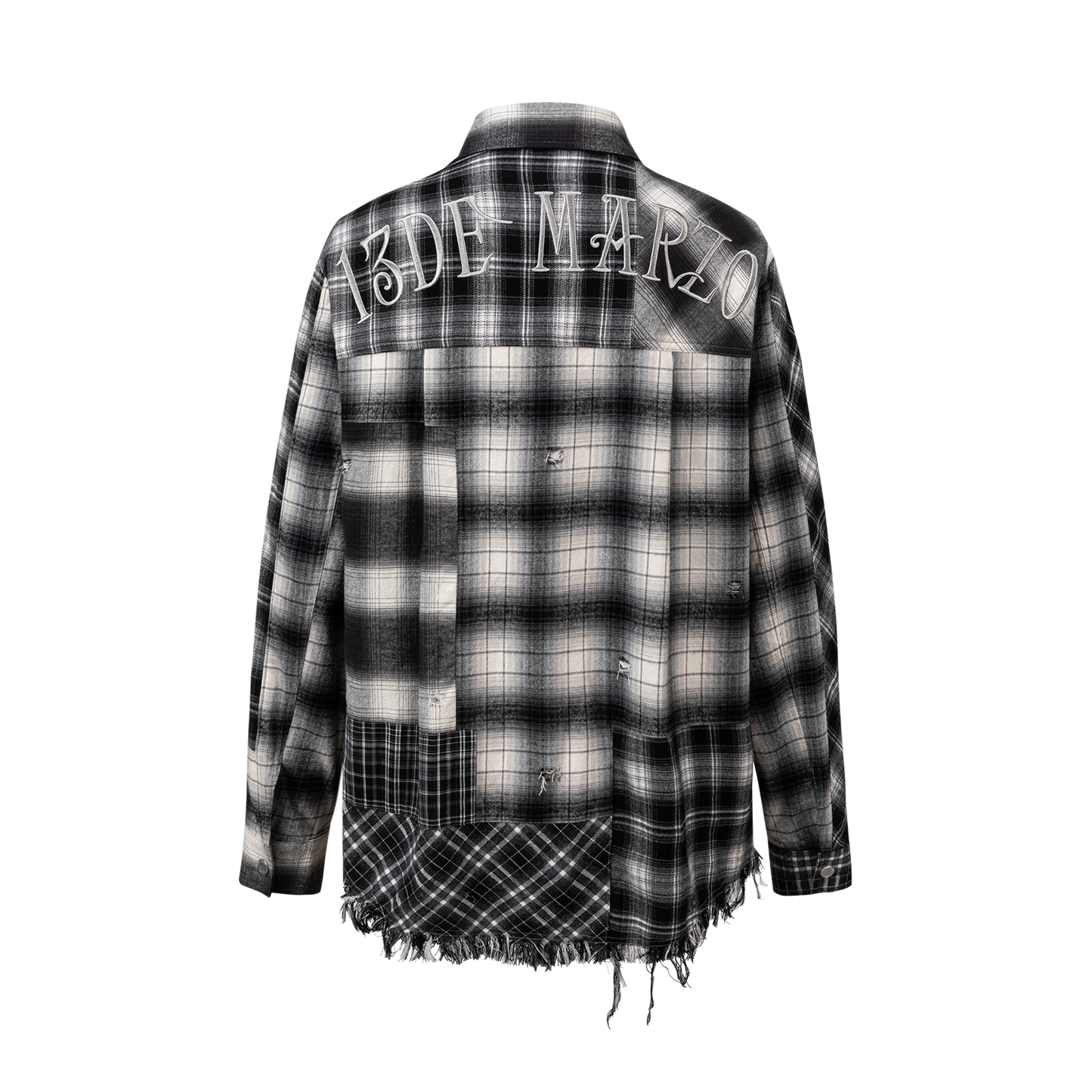 13DE MARZO Patchwork Plaid Distressed Shirt