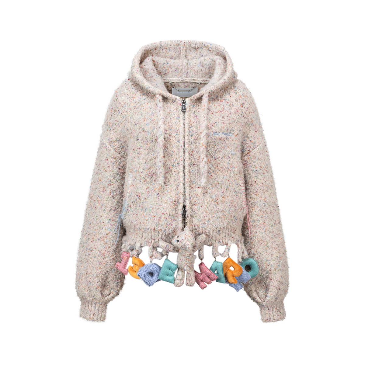 13DE MARZO Colorful Dot Knit Letter Fringe Cardigan Beige